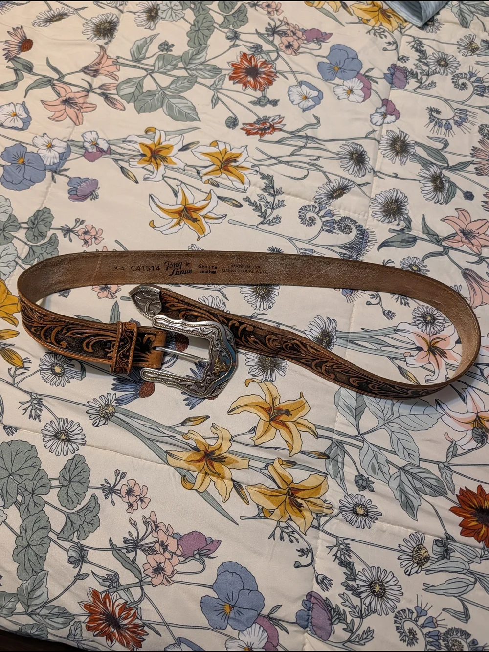 Tony Lama Tooled Brown Leather Western Belt with Decorative Silver Buckle